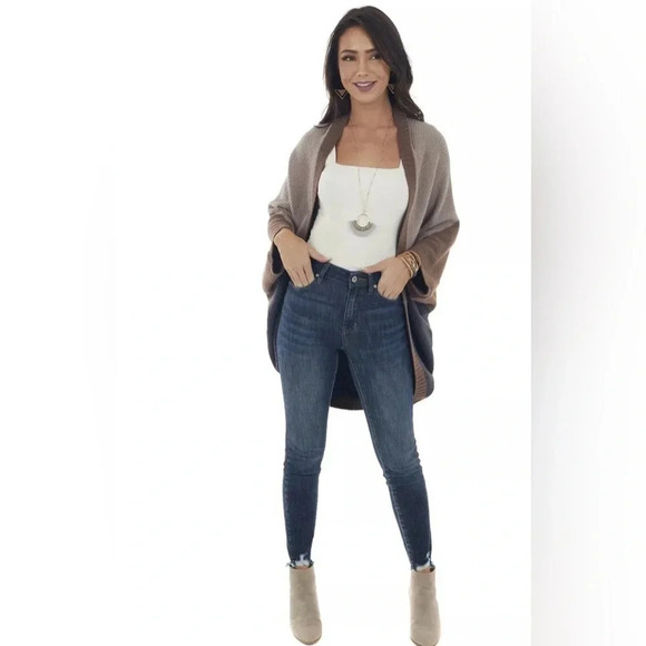 Sand/blue/brown Colorblock Dolman Sleeve Cocoon Cardigan one size shall - Picture 3 of 11